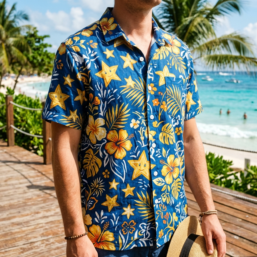 Mario Hawaiian shirt worn at tropical beach — Shine Sprite lifestyle