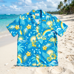 Super Mario Sunshine Shine Sprite Hawaiian shirt flat lay — tropical island print