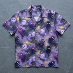 Gengar Pokemon Hawaiian shirt flat lay — ghostly evolution all-over print