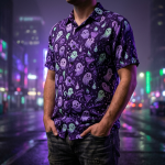 Ghost Pokemon Hawaiian shirt worn — neon night lifestyle shot