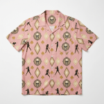 Yoshikage Kira Killer Queen JoJo Hawaiian Shirt pink art-deco flat lay - AnimeBape