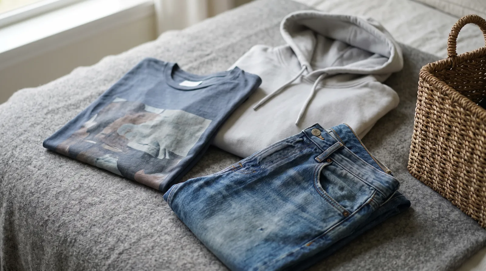 Favorite characters in naruto: a curated flat lay of a folded graphic tee, a hoodie and folded denim