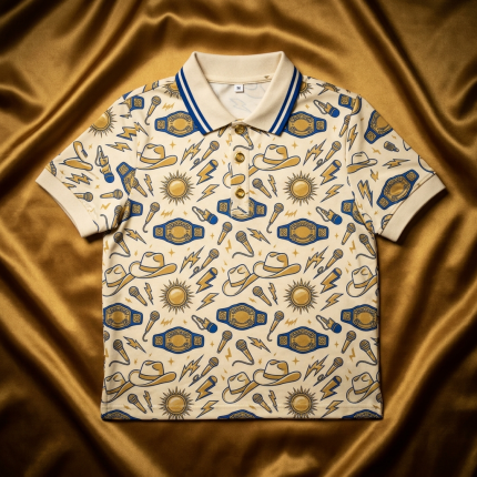 Cream Rises Top Rope Wrestling polo shirt flat lay — gold and cream all-over print