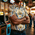 Top Rope Wrestling polo shirt lifestyle — vintage stadium sunset