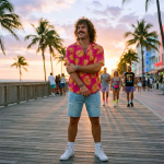Cream of the Crop pink Hawaiian shirt v3 styled on Miami boardwalk at golden hour — lifestyle shot