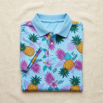 Cream of the Crop Macho Man Randy Savage blue tropical polo shirt — flat lay product shot