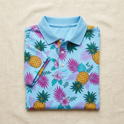 Cream of the Crop Macho Man Randy Savage blue tropical polo shirt — flat lay product shot