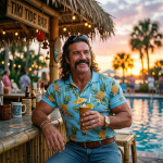 Cream of the Crop blue Hawaiian polo shirt styled poolside at sunset — lifestyle shot