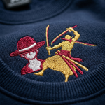 One Piece Luffy Zoro embroidery thread macro — Straw Hat sweatshirt detail