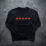Itachi Akatsuki Naruto Shippuden black embroidered sweatshirt — flat lay close-up of red cloud embroidery
