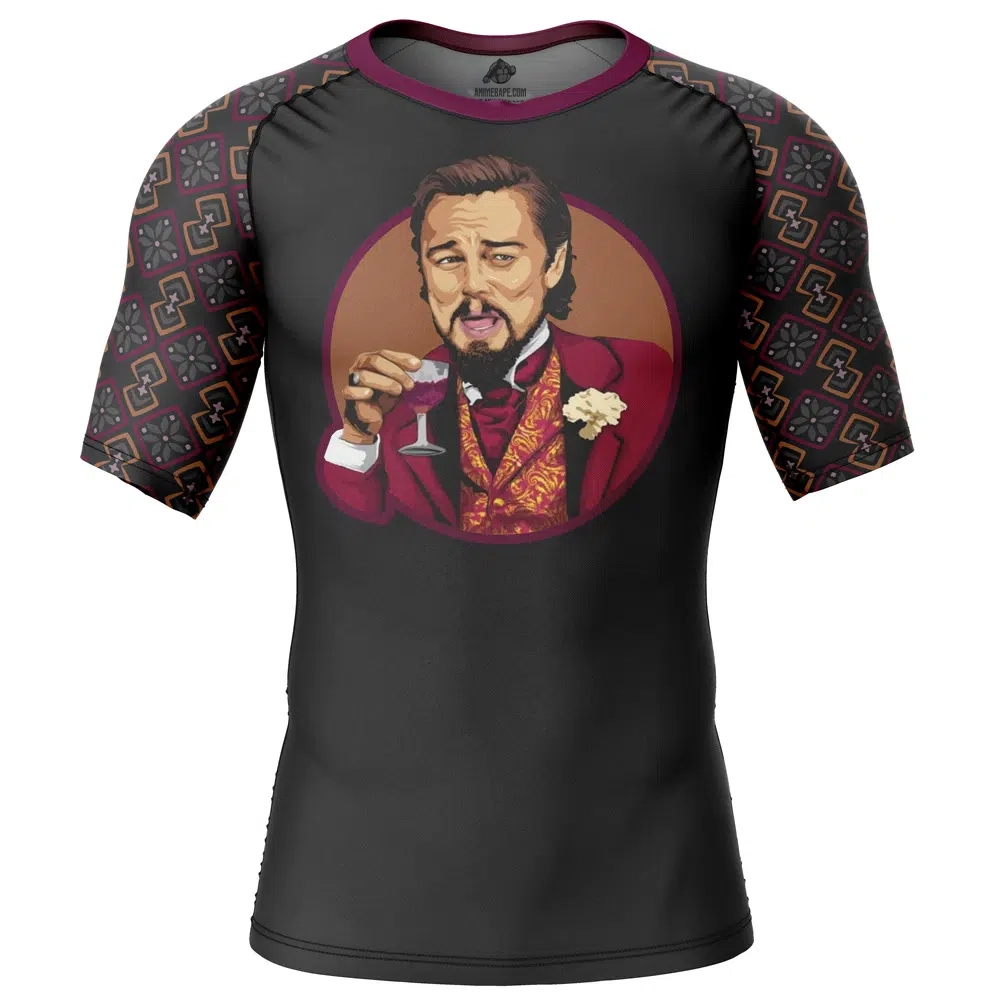 20251106-144026 Laughing Leo DiCaprio Meme Pop Culture Short Sleeve Rash Guard Compression Shirt - Image 1