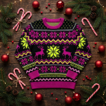 Macho Man Cream of the Crop ugly Christmas sweater — flat lay with pine sprigs and candy canes