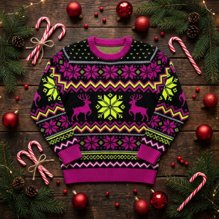 Macho Man Cream of the Crop ugly Christmas sweater — flat lay with pine sprigs and candy canes