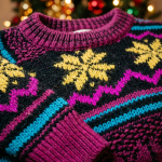 Macho Man Cream of the Crop ugly Christmas sweater — knit-look fair-isle pattern close-up detail