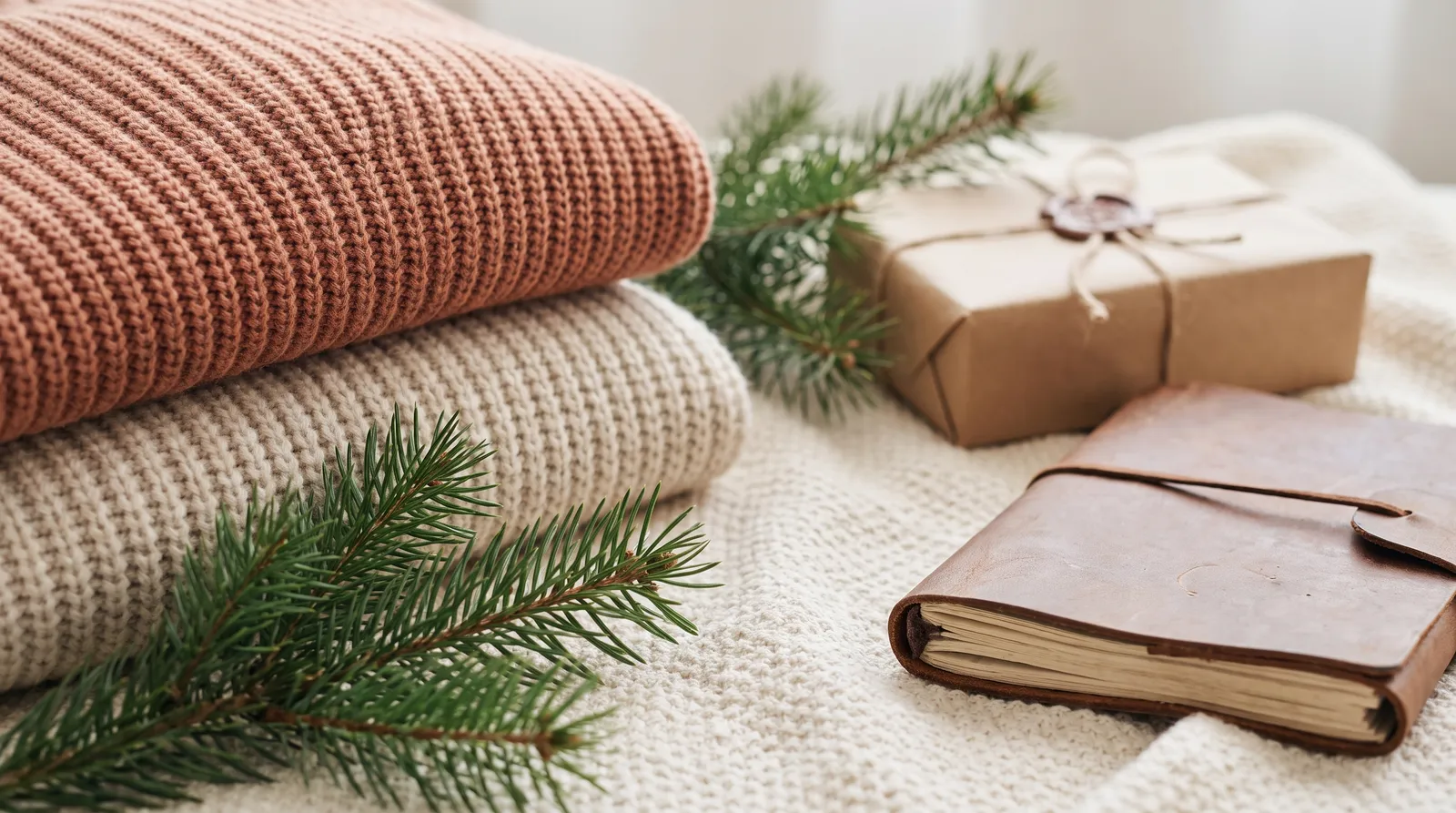 Navigating holiday shipping challenges: festive flat lay of folded knit sweaters, pine sprigs and a wrapped gift box