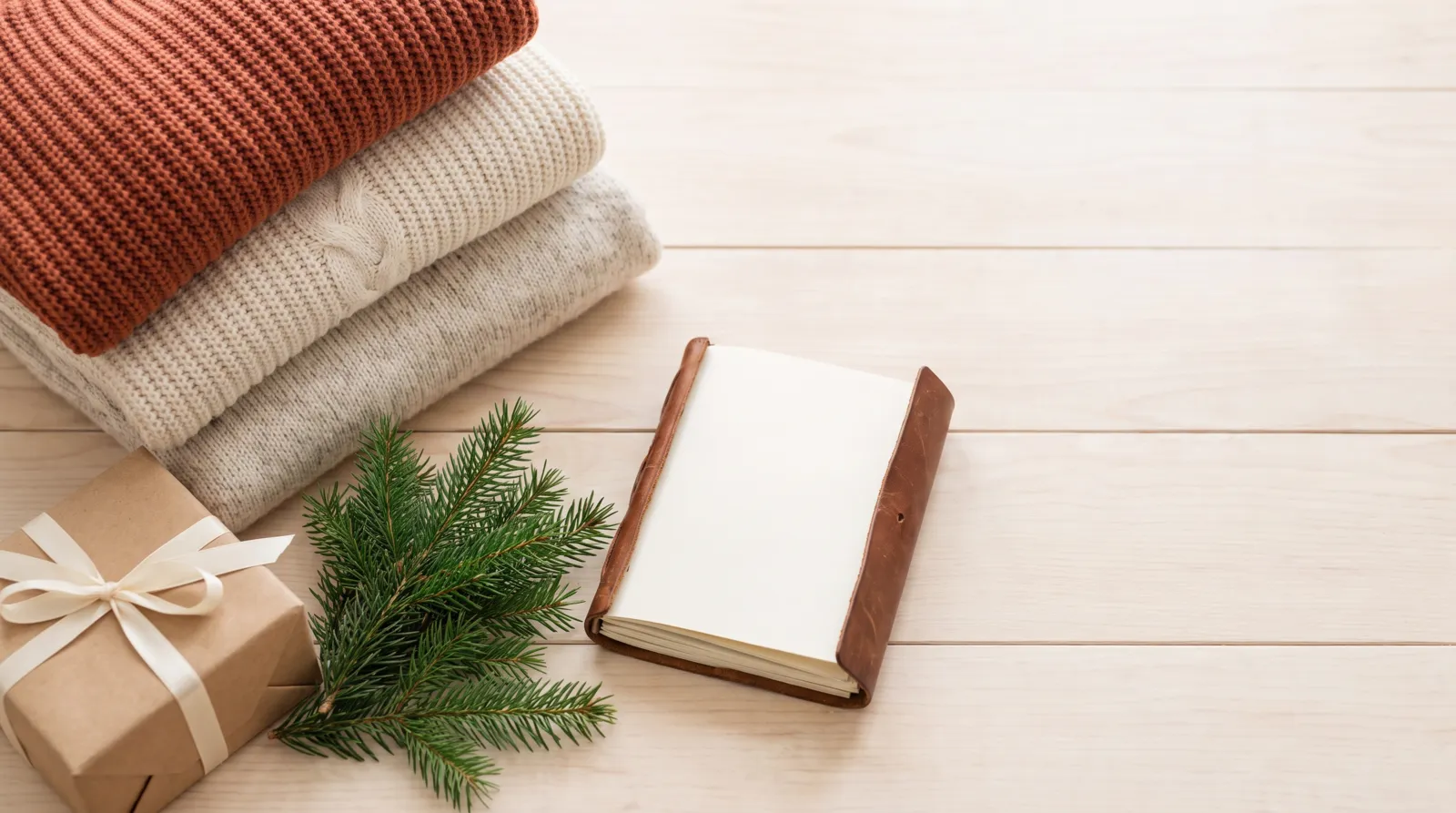 Important notice: festive flat lay of folded knit sweaters, pine sprigs and a wrapped gift box
