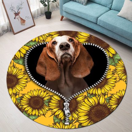 Basset Hound Sunflower Zipper Round Carpet Rug Bedroom Livingroom Home Decor 1