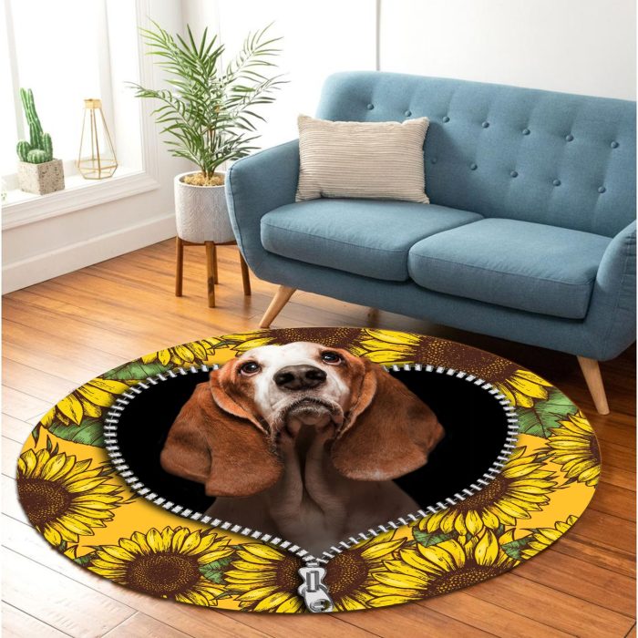 Basset Hound Sunflower Zipper Round Carpet Rug Bedroom Livingroom Home Decor 2