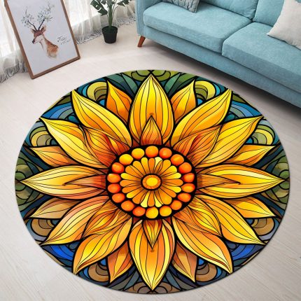 Sunflower Green Stained Glass Round Carpet Rug Bedroom Livingroom Home Decor 1