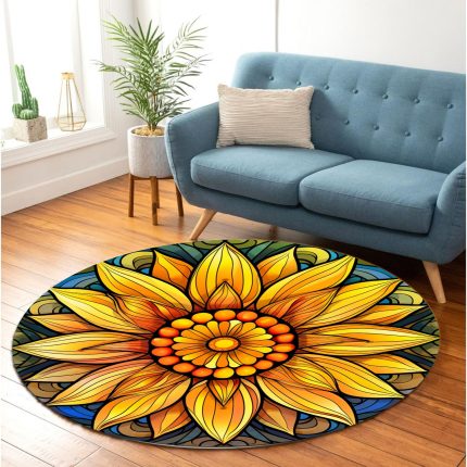 Sunflower Green Stained Glass Round Carpet Rug Bedroom Livingroom Home Decor 2