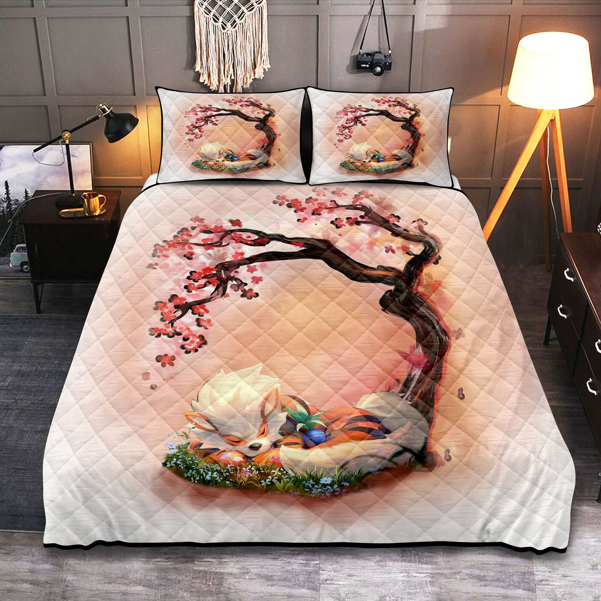 Arcanine Pokemon Quilt Bed Sets with Cherry Blossom Design