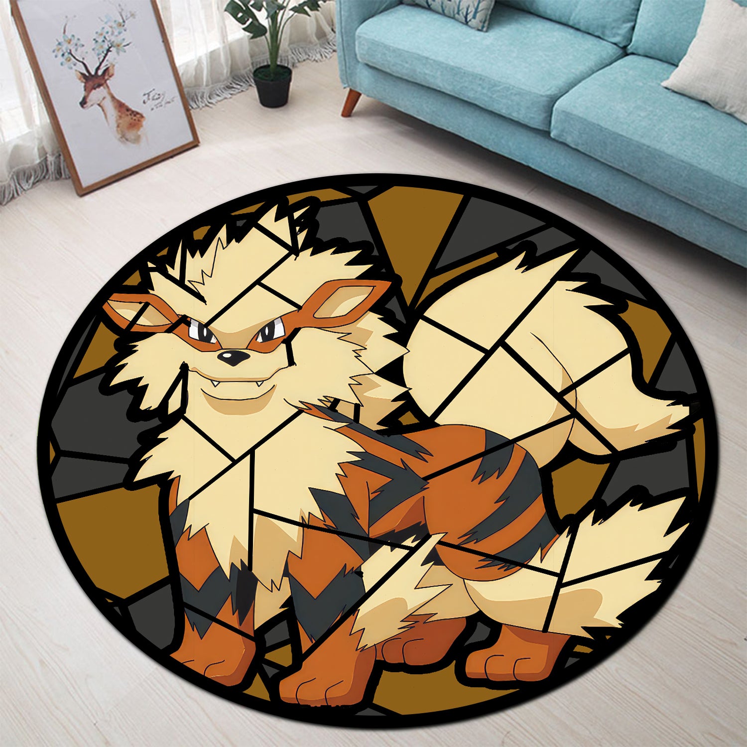 Arcanine Pokemon Stained Glass Round Rug for Bedroom Decor
