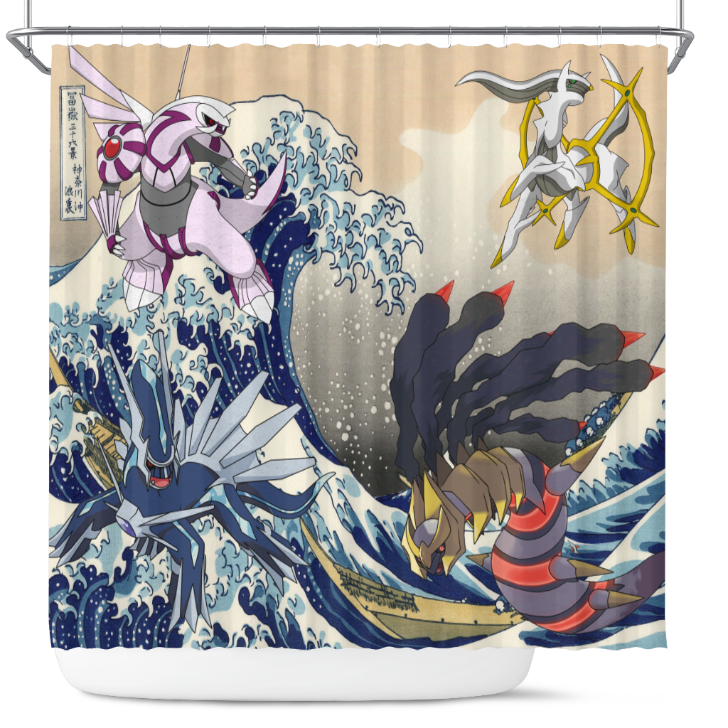 Pokemon Arceus Giratina Palkia Dialga Great Wave Shower Curtain