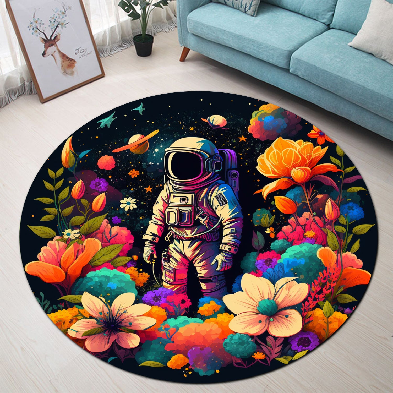 Colorful Astronaut Flower Round Rug for Bedroom and Living Room Decor