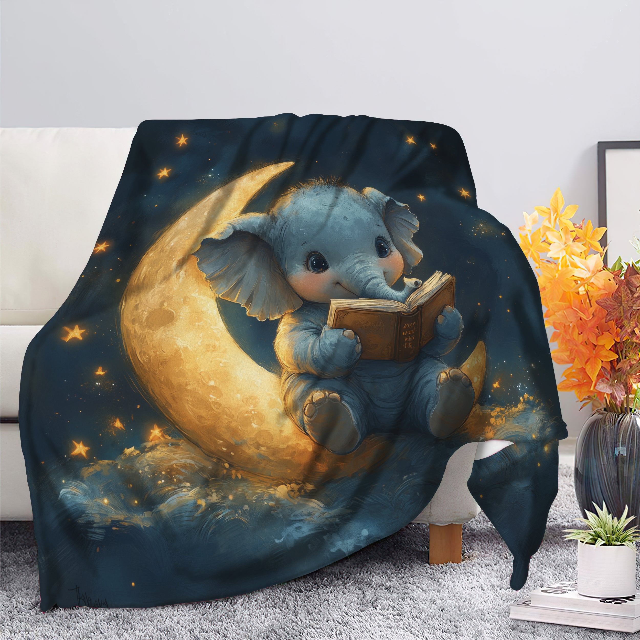 Baby Elephant Blanket for Kids - Reading Moon Premium Design