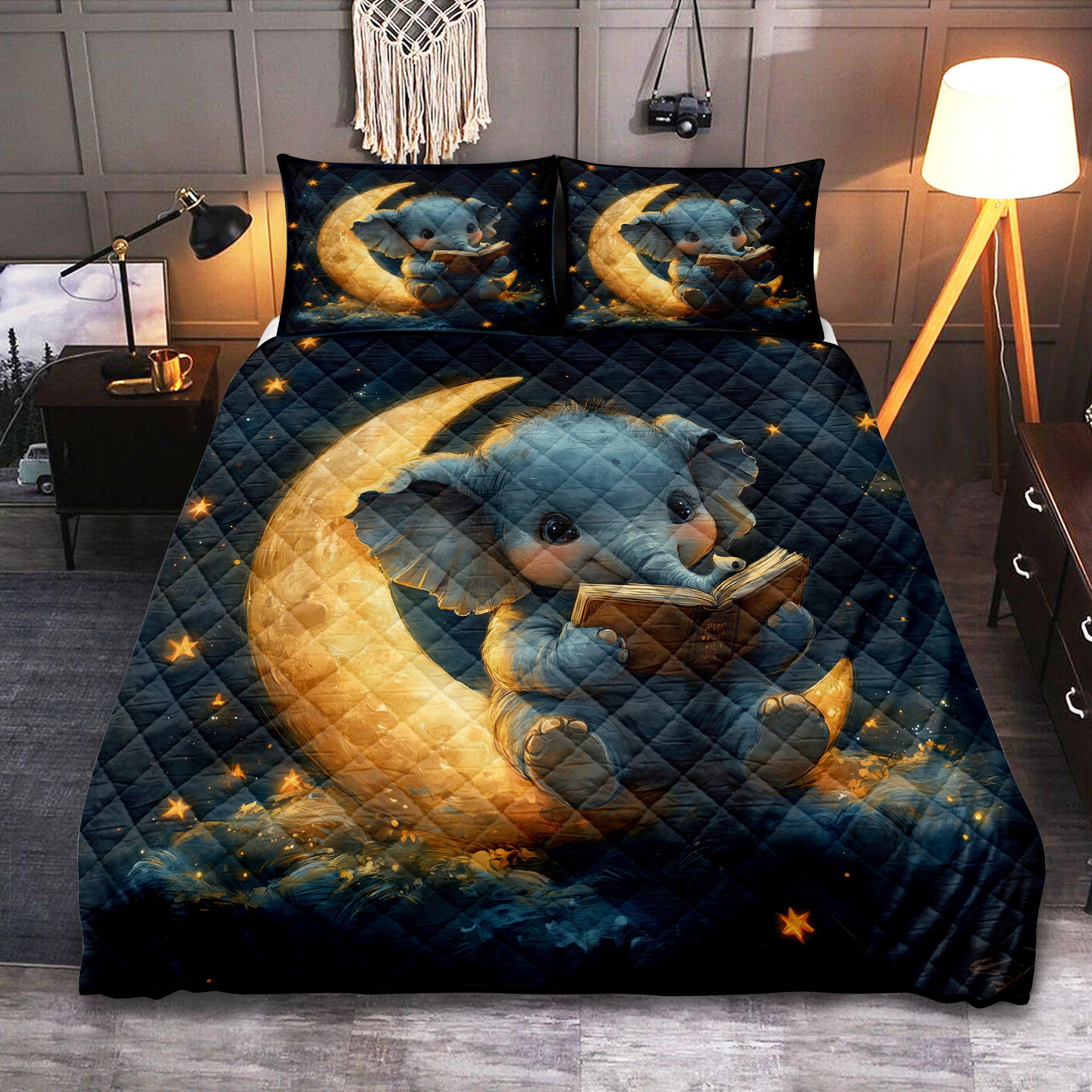 Baby Elephant Moon Reading Quilt Bed Sets for Nursery Decor
