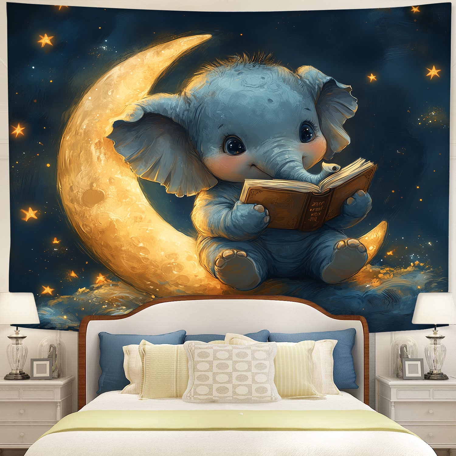 Baby Elephant Moon Reading Tapestry for Kids Room Decor