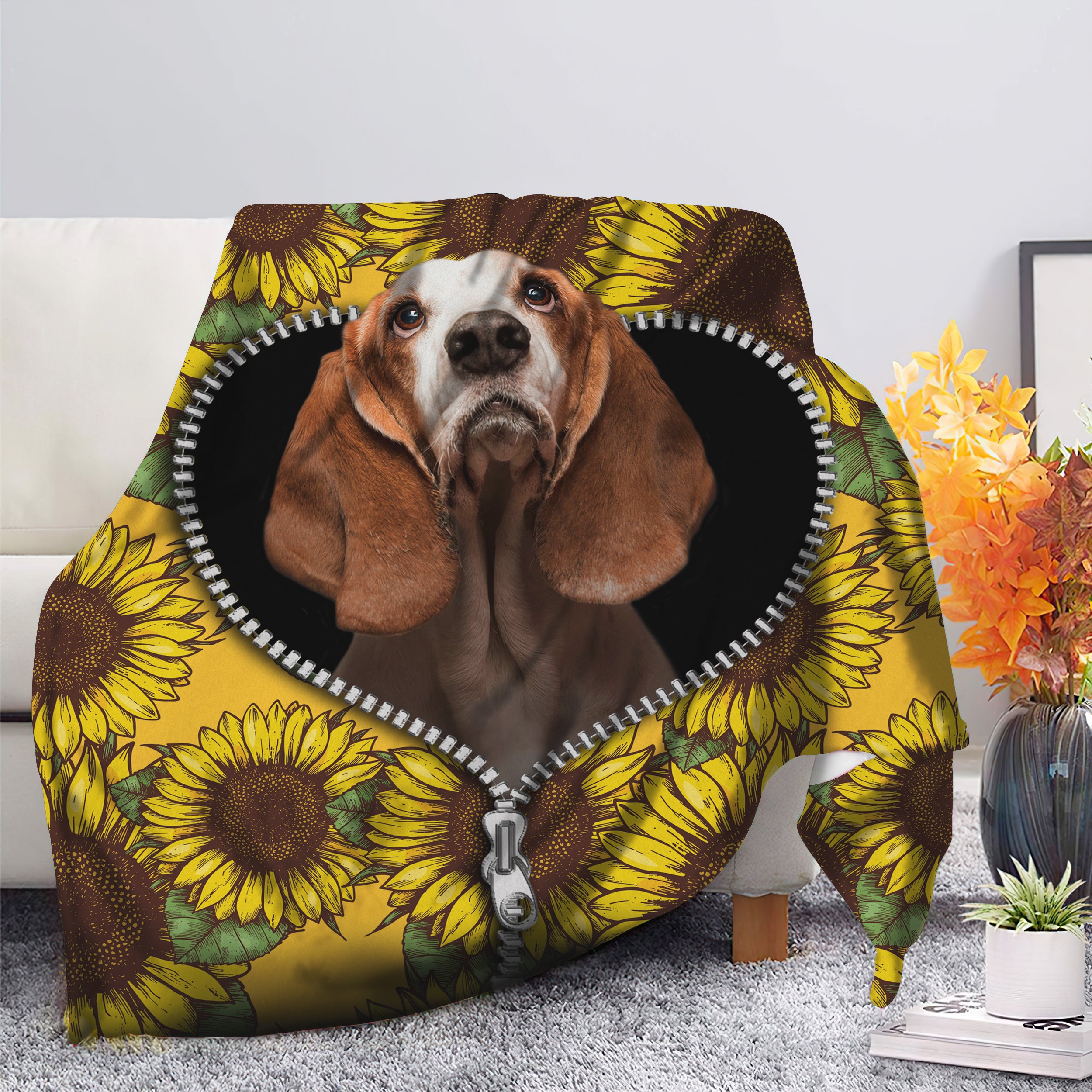 Basset Hound Sunflower Design Soft Premium Zipper Blanket