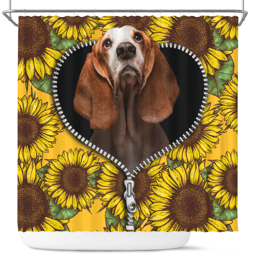 Basset Hound Sunflower Art Zipper Shower Curtain for Bathroom Decor