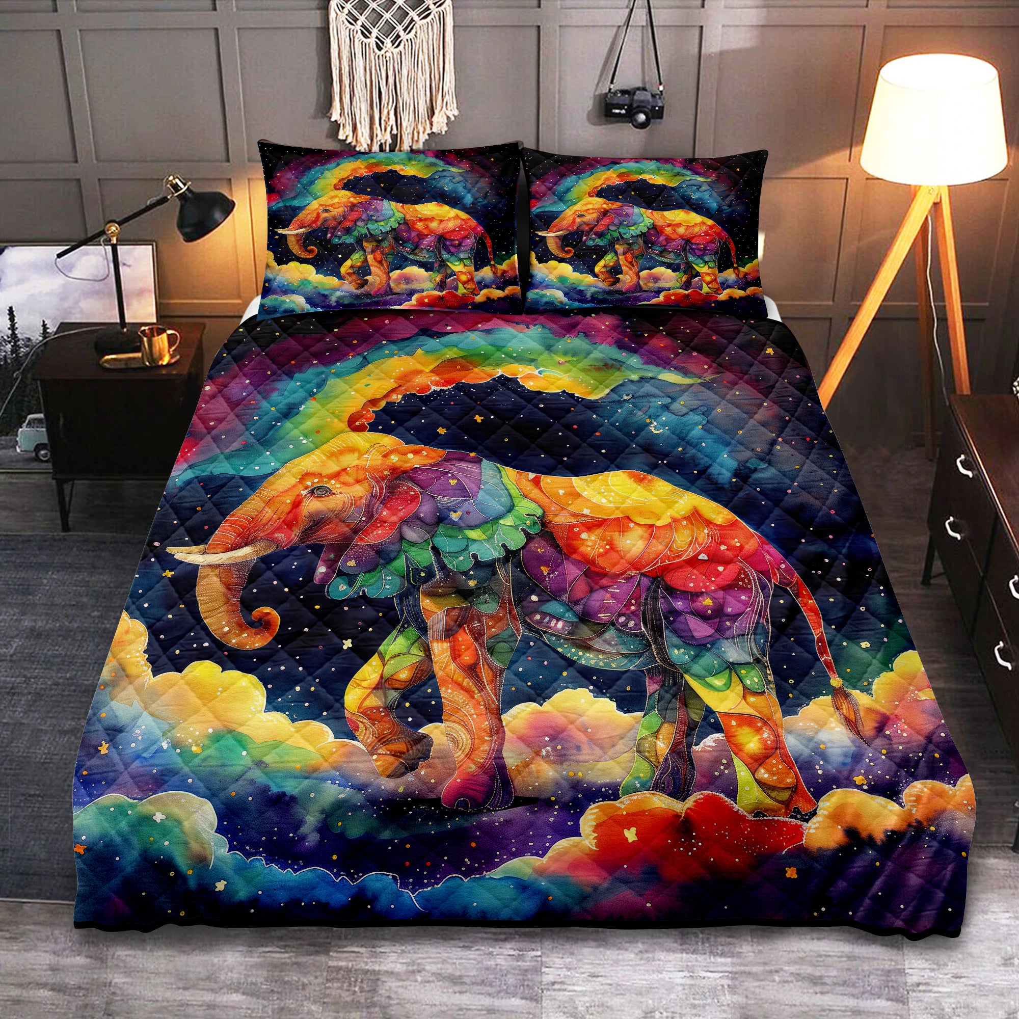 Colorful Rainbow Cute Elephant Quilt Bed Set on Dark Sky Background