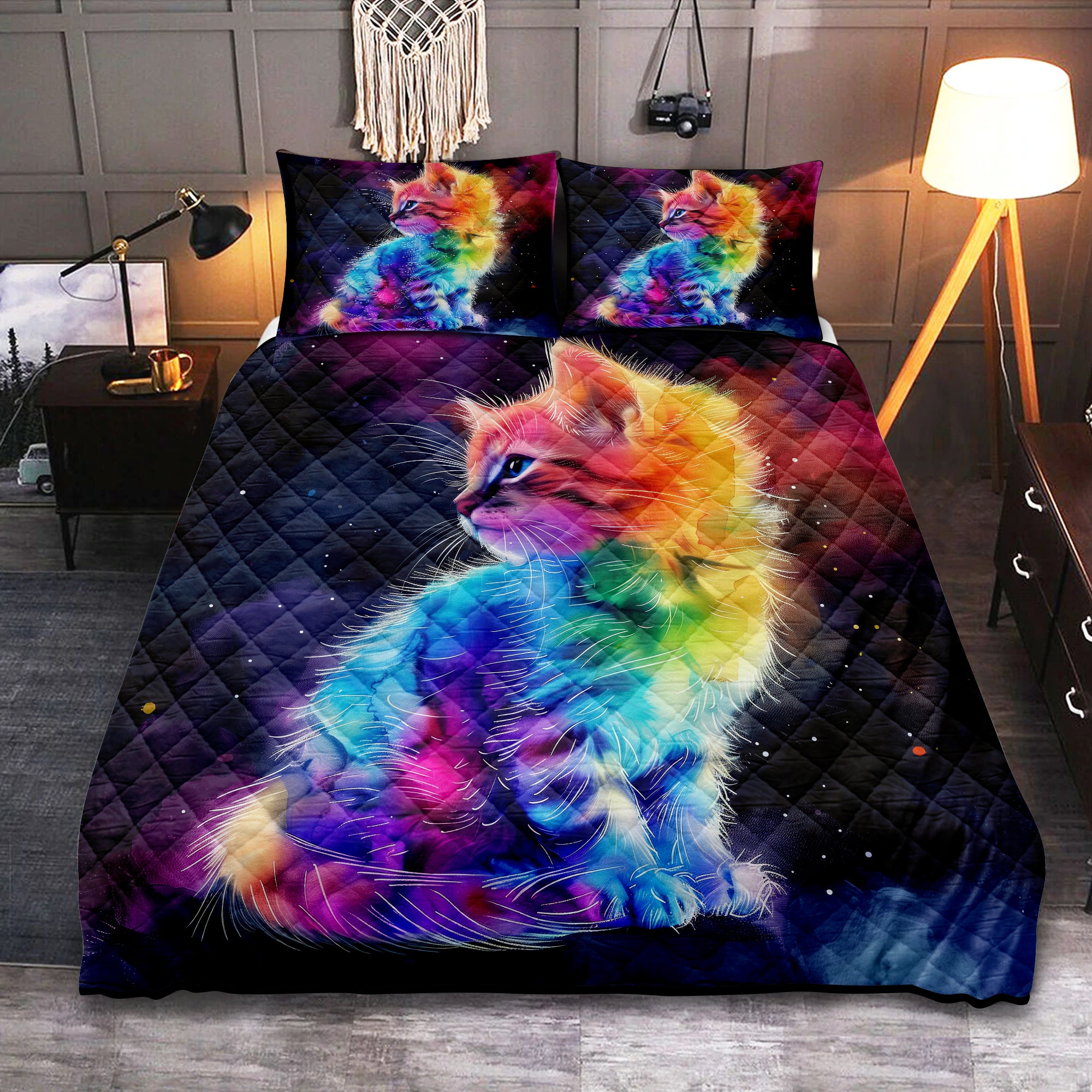 Colorful Rainbow Kitten Quilt Bed Set on Dark Sky Background