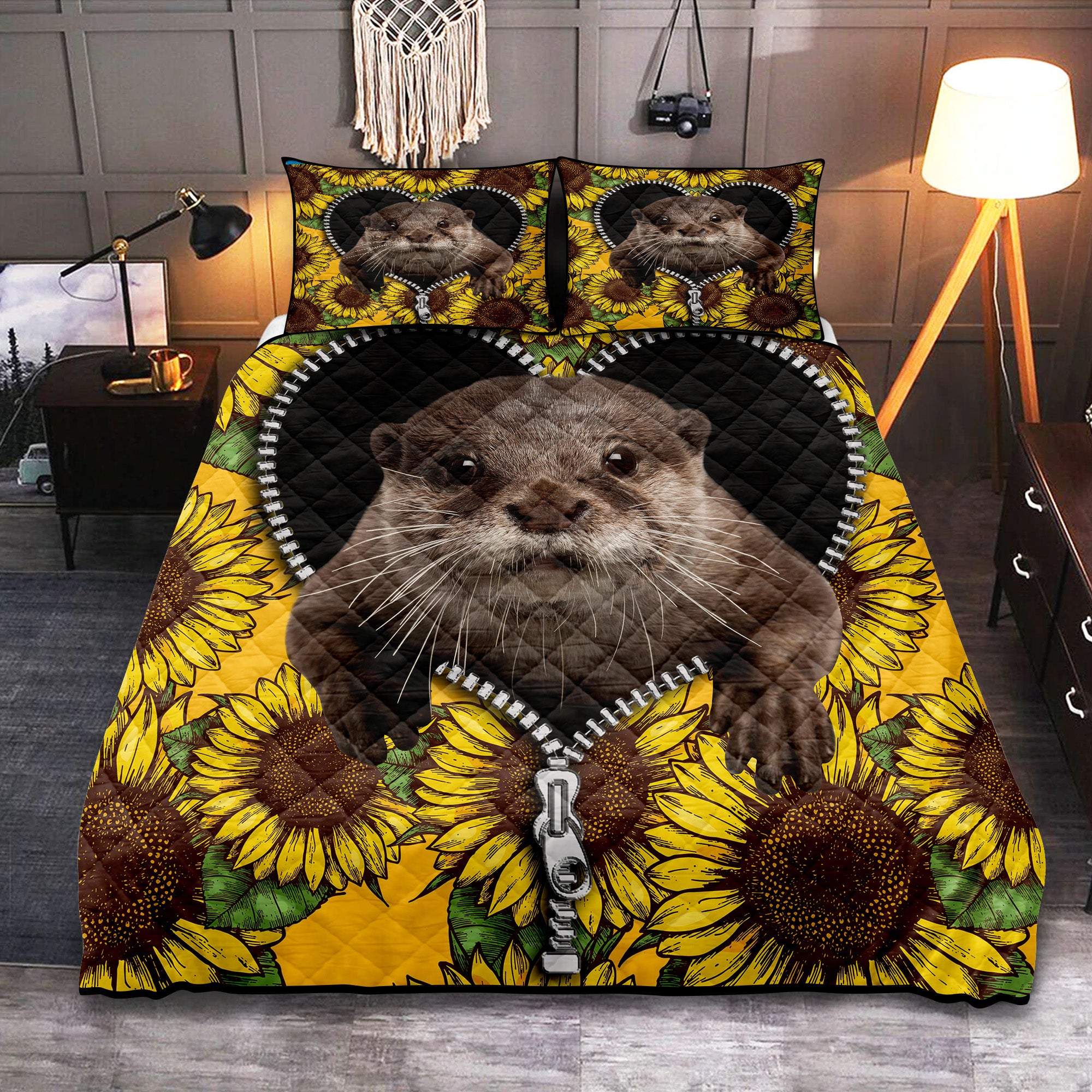 Beaver Sunflower Quilt Bed Sets for Cozy Bedroom Decor