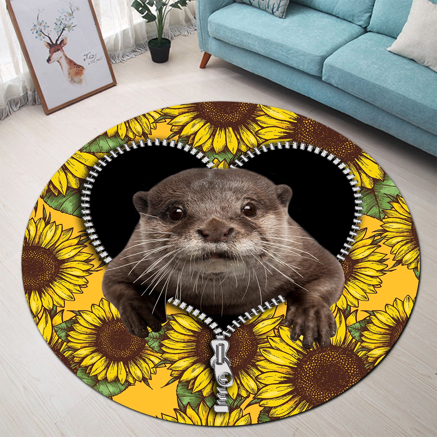 Beaver Sunflower Round Zipper Carpet Rug for Bedroom Living Room Decor