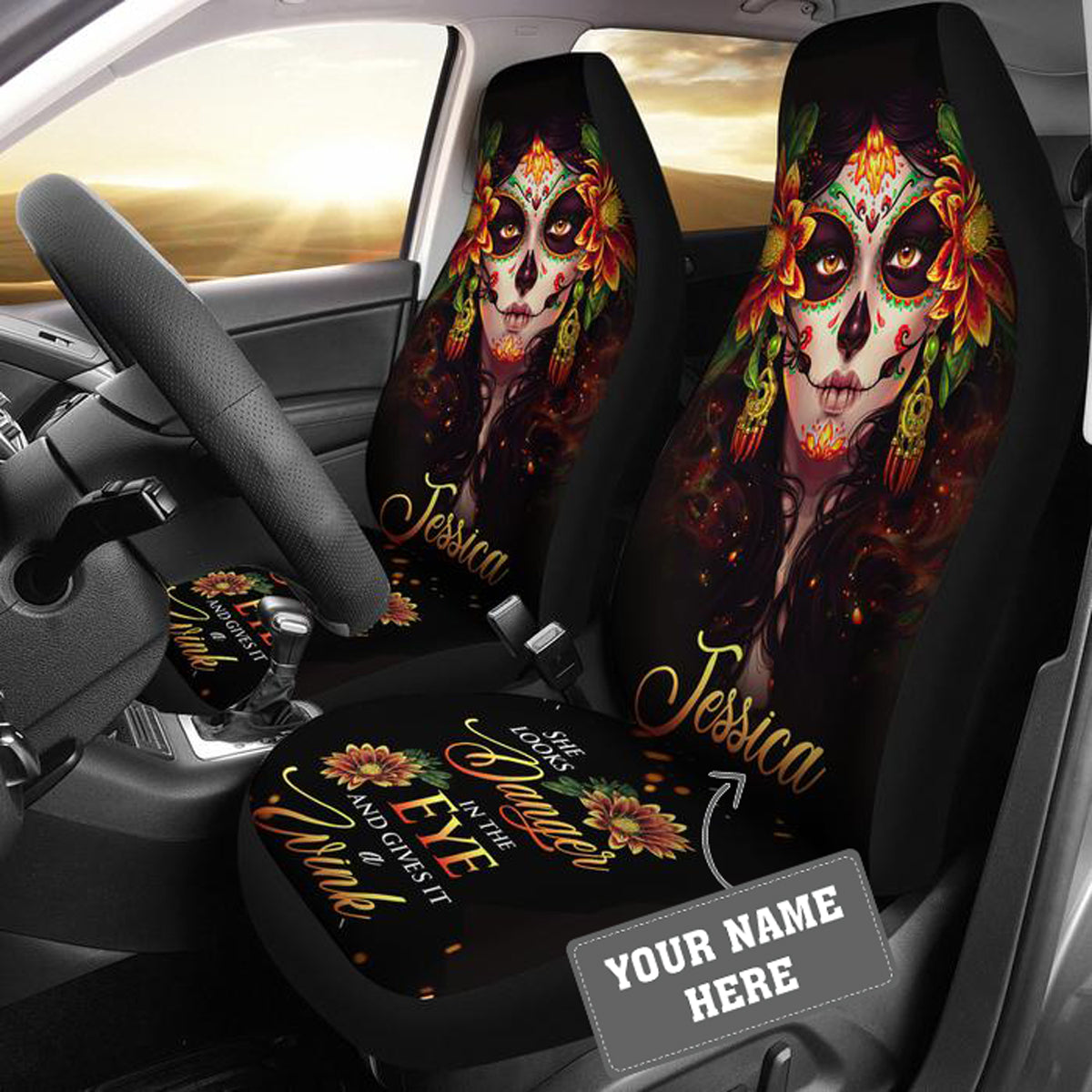 Personalized Skull Girl Wink Custom Car Seat Covers Decor Protector