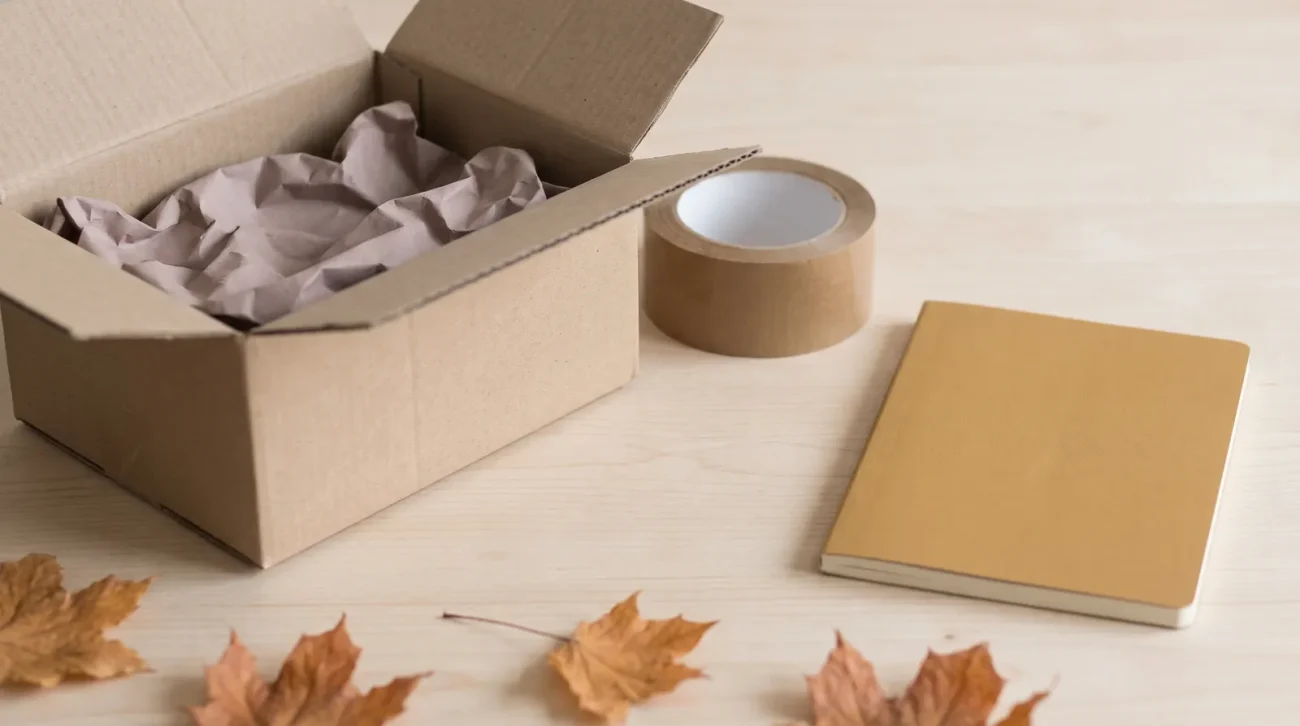 Beware of counterfeit websites selling: a minimal desk scene with a cardboard shipping box, packing tape and a notebook