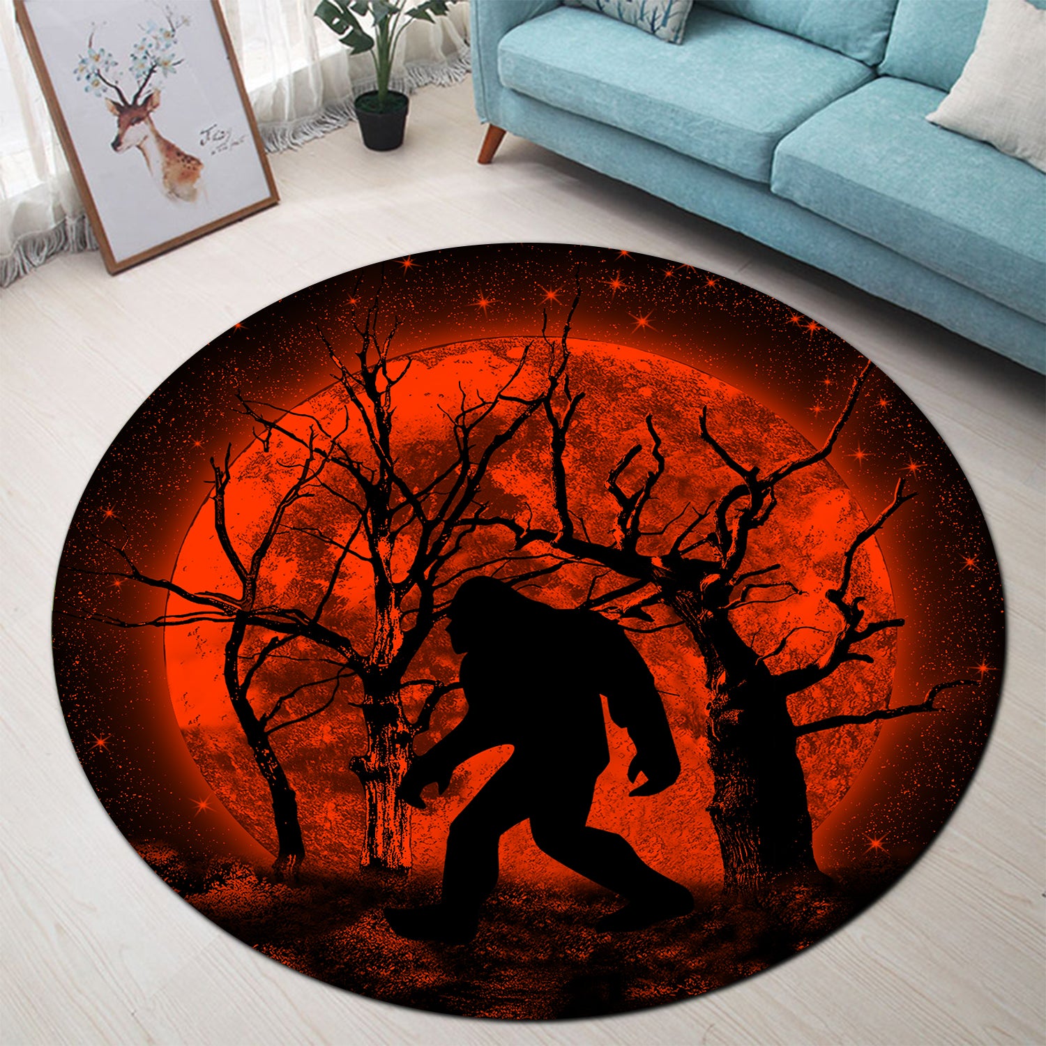 Bigfoot Silhouette Moonlight Round Rug for Bedroom Living Room Decor