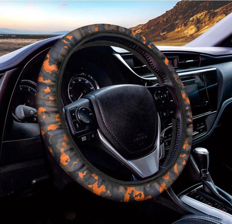 Camouflage Print Black and Orange Car Steering Wheel Cover