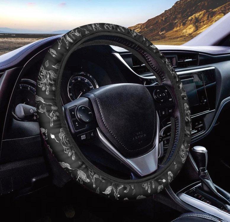 Black White Horse Pattern Car Steering Wheel Cover for Vehicles
