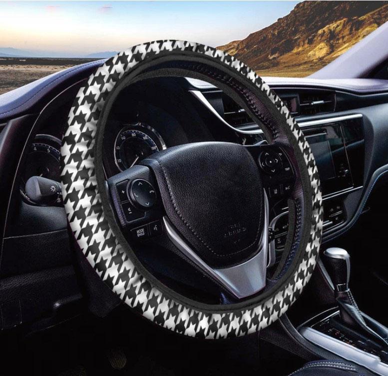 Houndstooth Print Car Steering Wheel Cover - Black and White Design