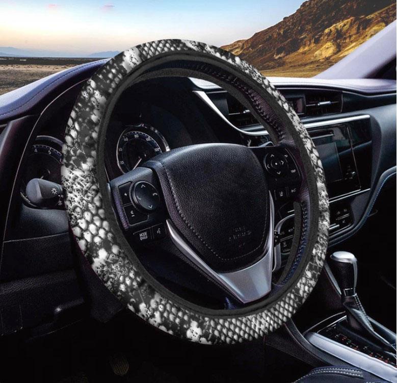 Snakeskin Print Black and White Car Steering Wheel Cover 7212