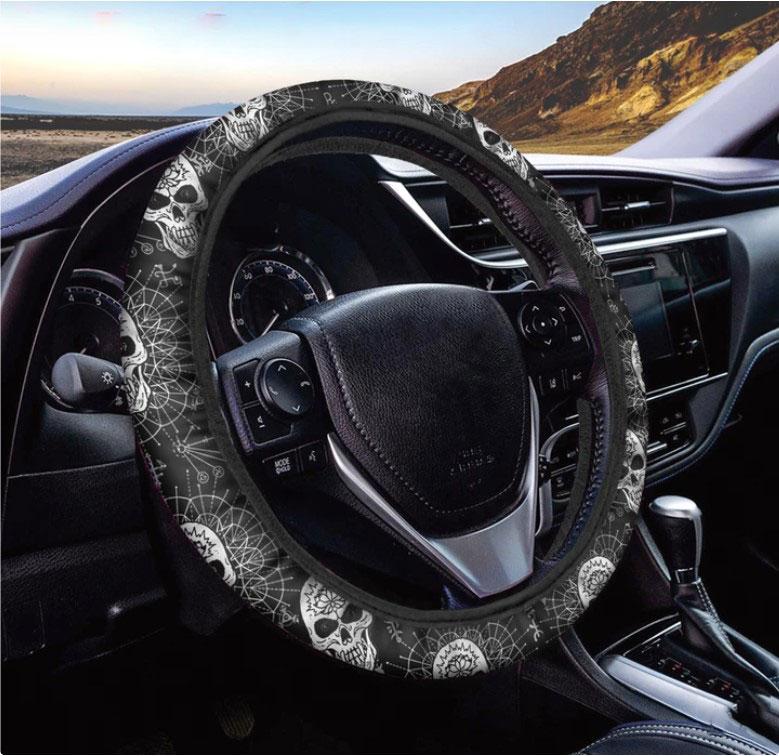 Black and White Evil Skull Wicca Print Car Steering Wheel Cover
