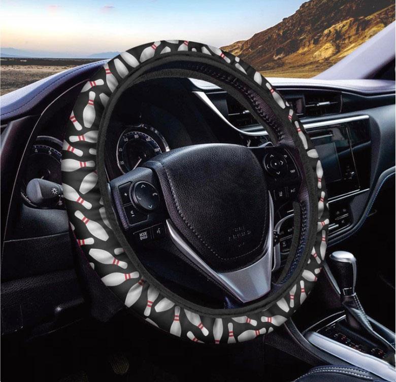 Black Bowling Pins Pattern Car Steering Wheel Cover for Vehicles
