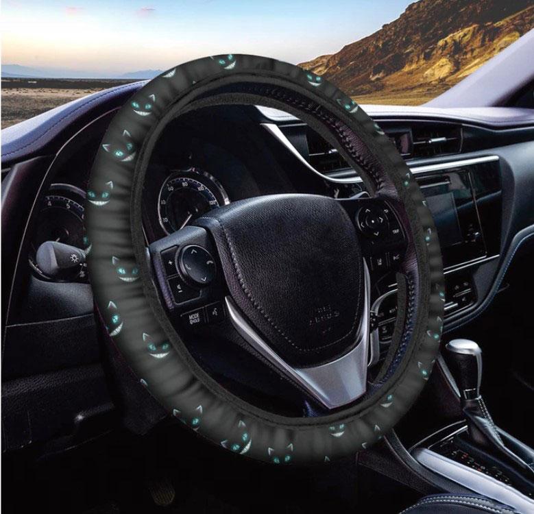 Cheshire Cat Print Black Car Steering Wheel Cover 7212