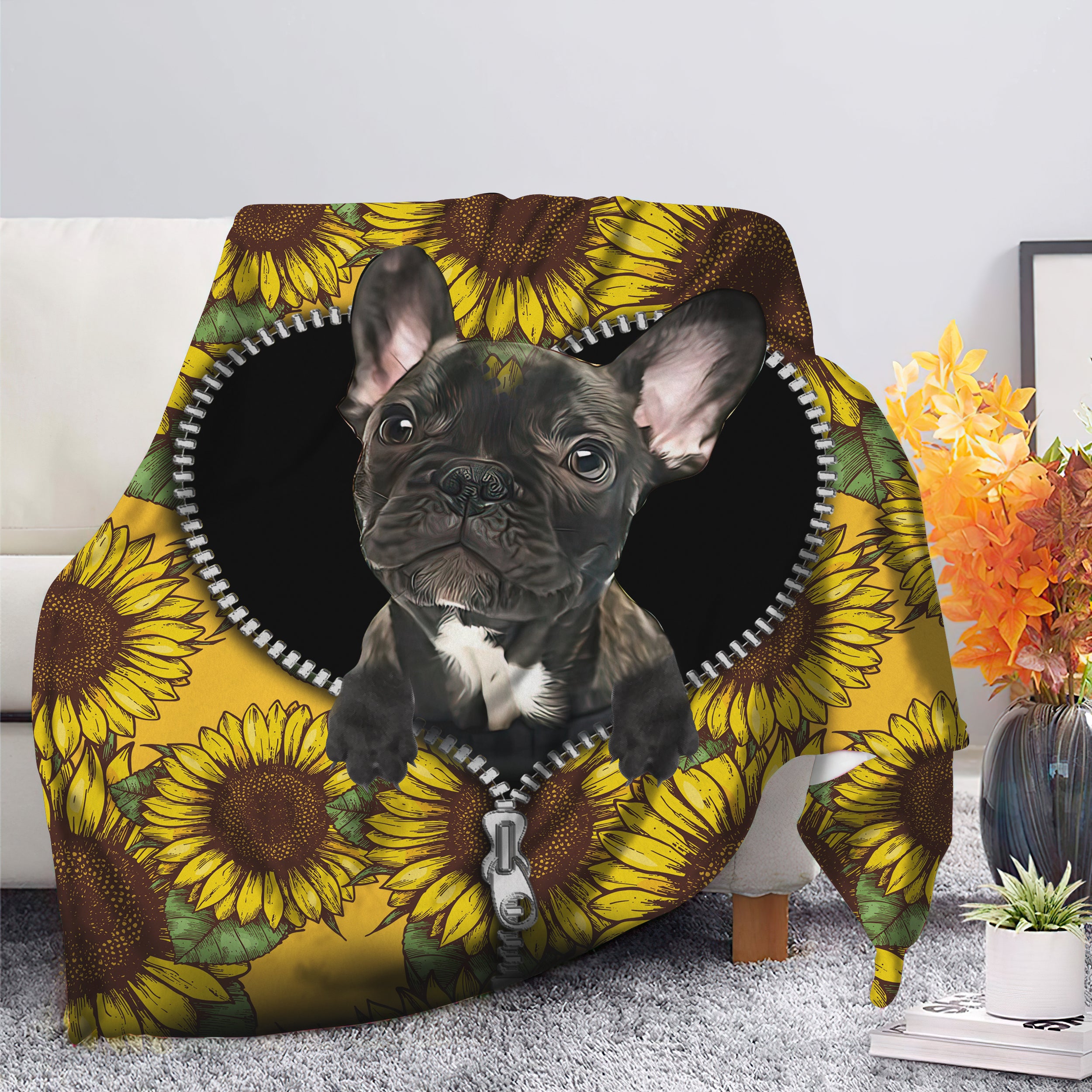 Black French Bulldog Zipper Blanket with Sunflower Design