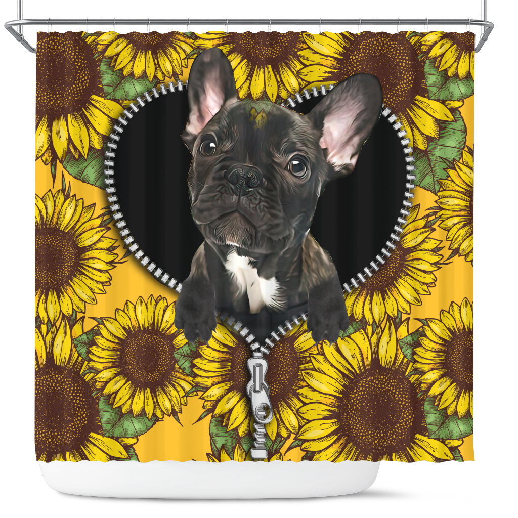 Black French Bulldog Sunflower Design Shower Curtain for Bathroom