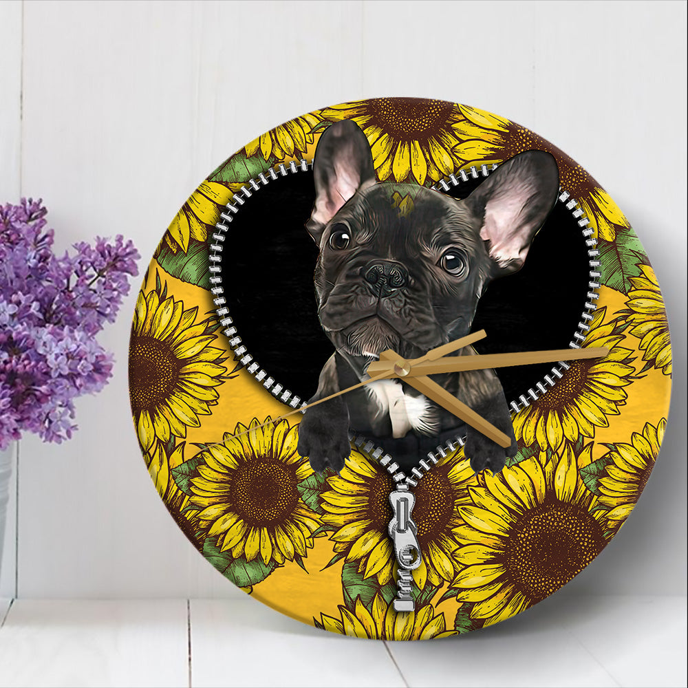 Black French Bulldog Wall Clock with Sunflower Zipper Design